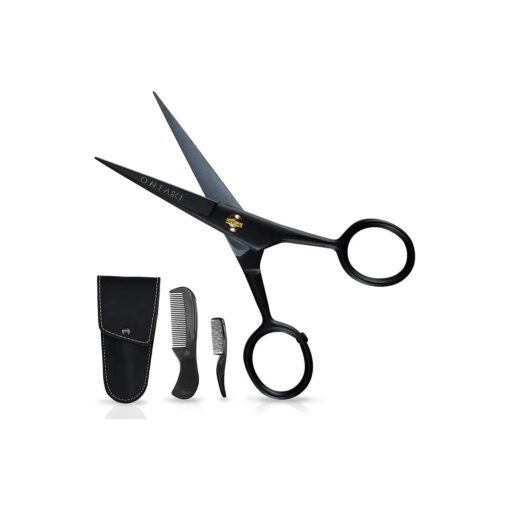 5" Professional German Beard & Mustache Scissors With 2 Comb & Carrying Pouch for Men Hand Forged Bevel Edge For Precision - Perfect Facial Hair Grooming Kit All Body Hair ( Black )