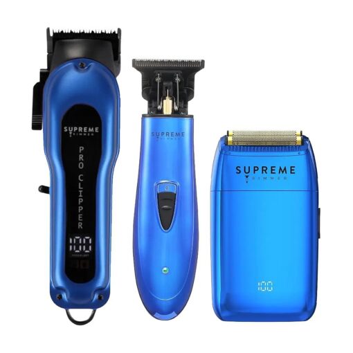 Supreme Trimmer 3-in-1 Barber Bundle | Hair Clipper, DLC Trimmer & Crunch Lite Foil Shaver | Professional Beard Trimmer Men 's Clipper Kit | Blue