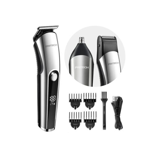 PRITECH 3 in 1 Beard Trimmer Hair Clippers for Men, Nose Hair Trimmer, Micro Shaver Mens Grooming Kit Cordless & Rechargeable Electric Hair Trimmer LED Display with T Blade Trimmer Cutting IPX6 ( Silver )