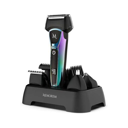 Multifunction Men 's Grooming Kit - Foil Shaver 4-Attachment Body Hair, Nose, Beard Trimmer with Adjustable Guard Heights - Rechargeable with LED Display Blizz GS5 ( Purple-Green Gradient )