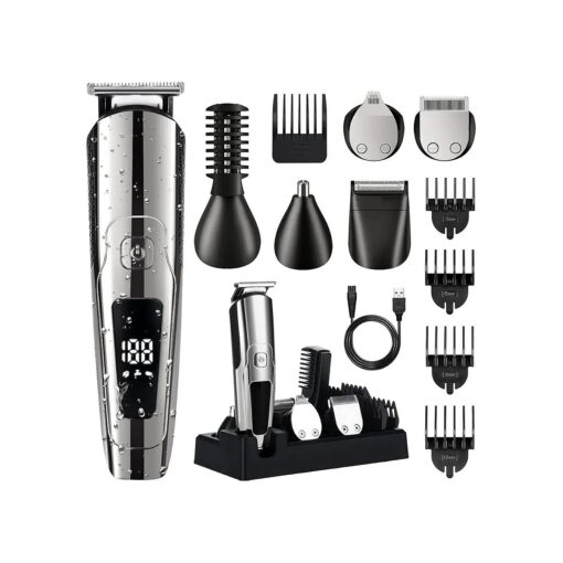 PRITECH 6 in 1 Beard Trimmer for Men Electric Hair Clipper Cordless Mens Grooming Kit, Hair Trimmer & Mustache Trimmer & Nose Hair Trimmer & Micro Shaver Waterproof LED Display ( Silver )