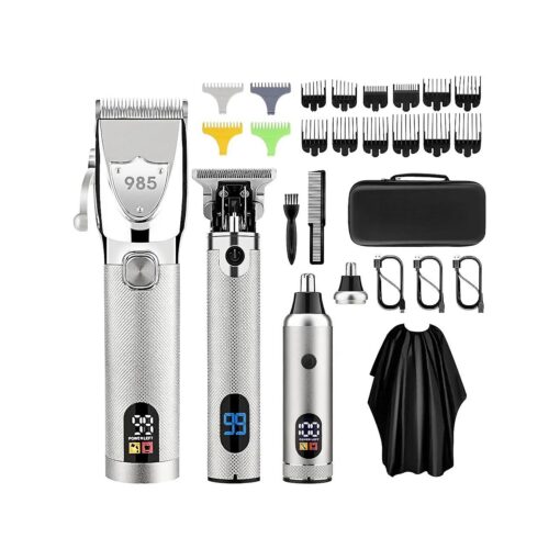 Professional Hair Clippers for Men, Electric Cordless Clippers and Trimmers Set, Nose Hair Beard Trimmer, Hair Cutting Barber Clippers with Guards, T Liners Edgers Clippers Mens Gifts ( Silver )