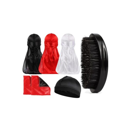 Wave Brush for Men 360, Curved 360 Wave Brushes Kit Medium Hard and Durag Set, Stocking Wave Caps for Men 360, Crown Patch for 360 Waves,7 in 1 Wave Starter Kit Men Hair Waves, Set B