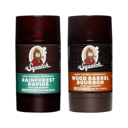 Men 's Natural Deodorant - Aluminum-Free Deodorant from Dr. Squatch - Natural Deodorizer - made w/charcoal - Deodorant for Men - Smell fresh with Rainforest Rapids and Wood Barrel Bourbon ( 2 Pk )