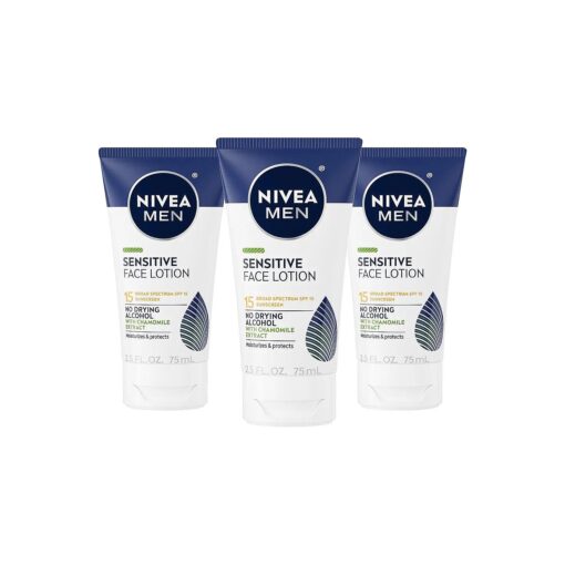 Nivea Men Sensitive Face Lotion with SPF 15, Broad Spectrum Sunscreen, 3 Pack of 2.5 Fl Oz Tubes