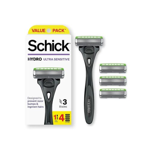 Schick Hydro Ultra Sensitive Razor, 1 Razor Handle and 4 Cartridges | Shaving Razors for Men Sensitive Skin, 3 Blade Mens Razors for Shaving, Razor Blades for Men, 1 Handle with 4 Razor Blades Refills