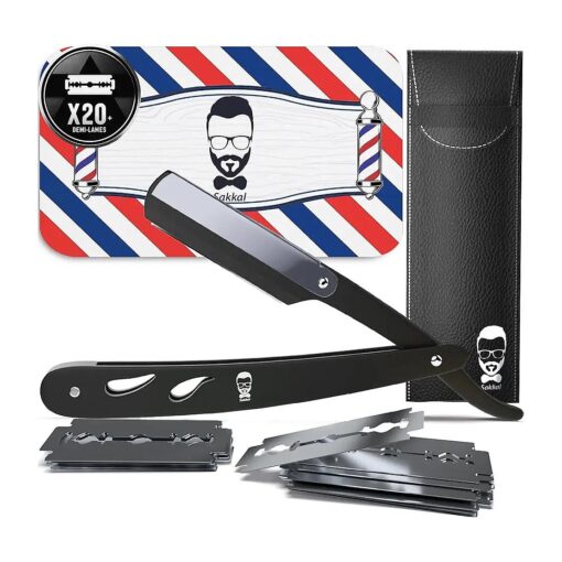 Barber Straight Razor Kit for Men | Premium | 20 Half Blades Shaving Blade Set with Leather Case | Beard and Face Grooming Accessories