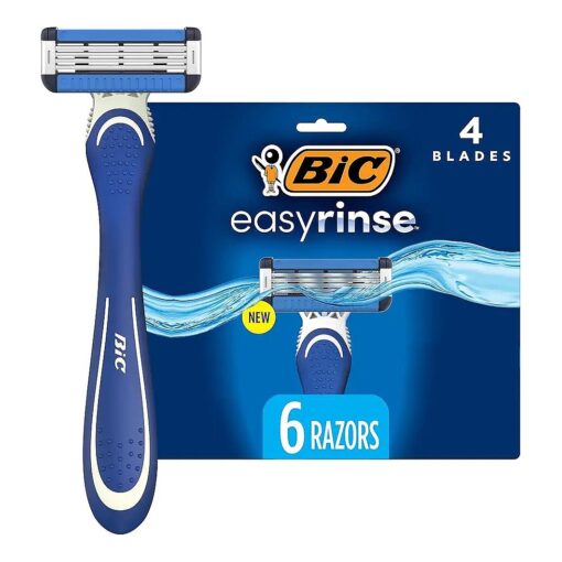 BIC EasyRinse Anti-Clogging Men 's Disposable Razors for a Smoother Shave With Less Irritation *, Easy Rinse Shaving Razors With 4 Blades, 6 Count