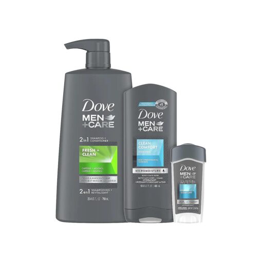 DOVE MEN + CARE Hair + Skin Care Regimen Personal Care for Men Clean Comfort + Fresh & Clean Body Wash, 2-in-1 Shampoo and Conditioner, and Antiperspirant Clinical Deodorant