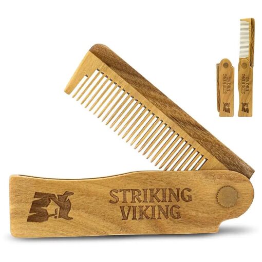 Striking Viking Folding Wooden Comb For Men - Hair Mustache & Beard Comb - Wood Mustache Styling Comb - Sandalwood Switchblade Comb For Everyday Beard Grooming - Use Dry Or With Beard Oils & Balms