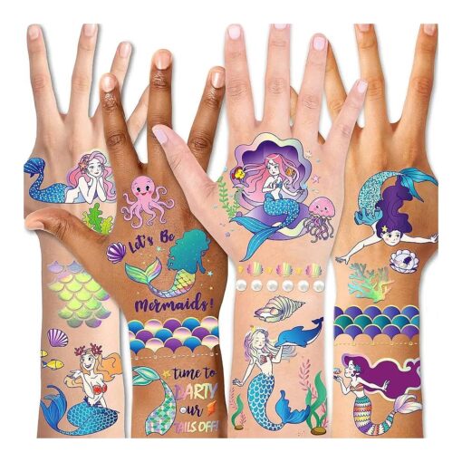 Temporary Tattoos for Kids ( 98pcs ), Konsait Glitter Mermaid Tattoos for Children Girls Birthday Party Favors Supplies Great Kids Party Accessories Goodie Bag Stuffers Party Fillers Halloween Costume