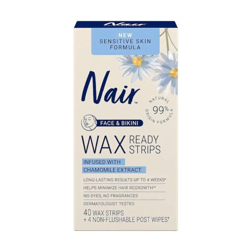 Nair Sensitive Hair Remover Wax Ready Strips, Face and Bikini Hair Removal Wax Strips, 40 Count