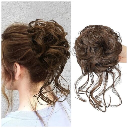 LE SECRET 1Pcs Messy Bun Hair Piece Tousled Updos Curly Wavy Hair Buns Scrunchie Faux Hair Bun Extensions for Women Elastic Band Chignon Hair Pieces ( Chestnut Brown )