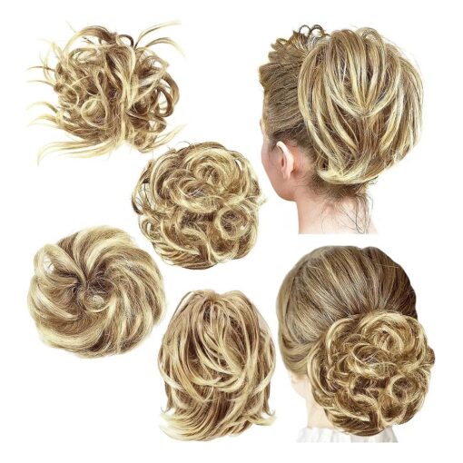 WILLBOND 4 Pcs Messy Hair Bun Hairpiece Tousled Updo for Women Hair Extensions Straight Short Ponytail Elastic Scrunchies Curly Hair Accessories ( Honey Blonde mix Bleach Blonde/27T613, Basic Style )