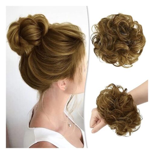 RUWISS Messy Bun Hair Piece Human Hair Messy Rose Bun Hair Buns Hair Piece for Women Real Hair Scrunchies Updo Hair Pieces Bun Extension Ponytail Messy Hair Bun ( Brown with Warm Blonde Highlights )