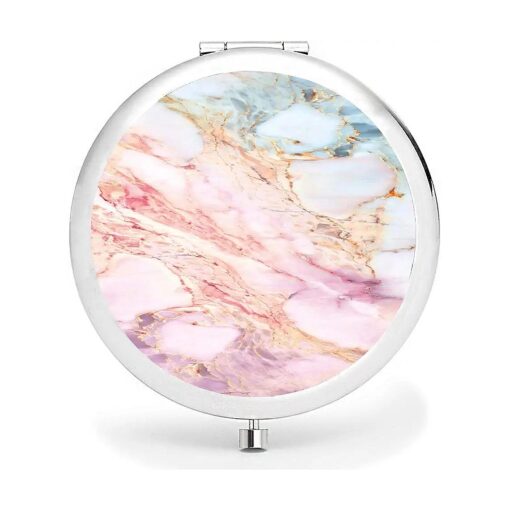 Metal Compact Mirror, 2-Sided with 2X and 1X Magnifying Handheld Makeup Mirror - Perfect for Purse Pocket Travel - Pink Gold Marble