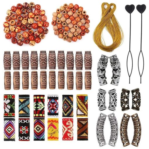 105 Pieces Hair Accessories for Braids, Wood Beads for Braiding Hair, Classic Retro Style Metal Cuffs Tubes, Handmade Fabric Dreadlock Beads Hair Jewelry for Women Braids