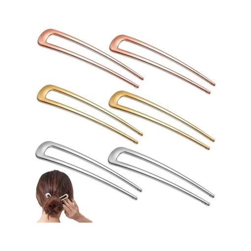 6 Pieces Metal U Shaped Hair Pins French Hairpin Vintage Forks Sticks Bobby Pin Kit for Updo Bun Women Girls Hairstyle Hair Accessories ( Gold, Silver, Rose Gold )