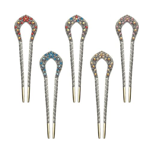 5 Pieces French Hair Pins Vintage Hair Forks Metal U Shaped Chignon Pin Double Prong Hair Stick Crystal Rhinestone Hairpin for Women Girls ( Elegant Pattern )