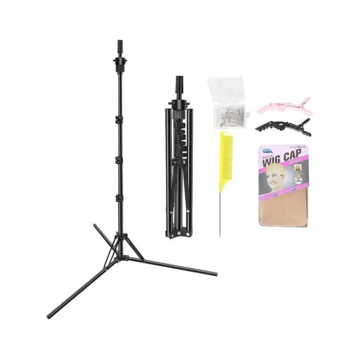 Mannequin Head Stand, Upgrade Foldable Wig Stand Tripod for Cosmetology Hairdressing Training, Metal Adjustable Wig Head Stand with Wig Caps, T-Pins, Comb, Hair Clips