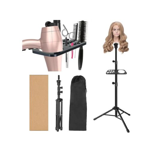 50 Inch Metal Wig Stand, Adjustable Wig Head Stand, Mannequin Head Stand for Cosmetology Hairdressing, Wig Stand Tripod with Tool Tray ( Black, Mannequin Head Not Included )