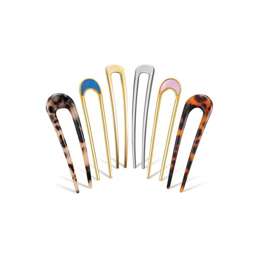 6 Pieces U Shaped Hairpin French Style Hair Stick Tortoise Shell Hair Pin Metal Hair Pin Fork Sticks 2 Prongs Updo Chignon Pins for Women Girls Hair Styling Accessories