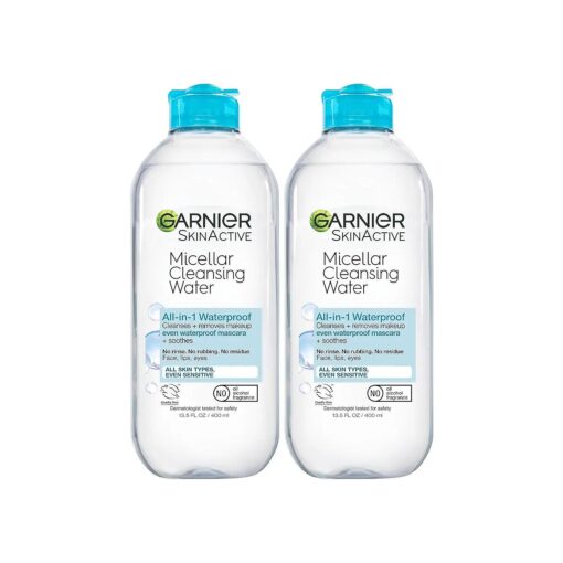 Garnier Micellar Water For Waterproof Makeup, Facial Cleanser & Makeup Remover, 13.5 Fl Oz ( 400mL ), 2 Count ( Packaging May Vary )