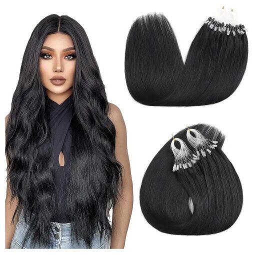 Sisily Micro link Hair Extensions real human hair, Natural Black Hair Extensions micro bead Human Hair, Micro Loop Hair Extensions Real Human Hair 50g Straight Real Hair Extensions for Women