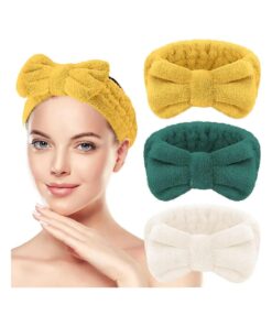 Spa Headband For Washing Face, 3 Pack Facial Makeup Headband Bowtie Hair Band Skincare Headbands for Women Girls, Soft Microfiber Coral Fleece Face Wash Headband ( Yellow+Dark Green+Milk White )