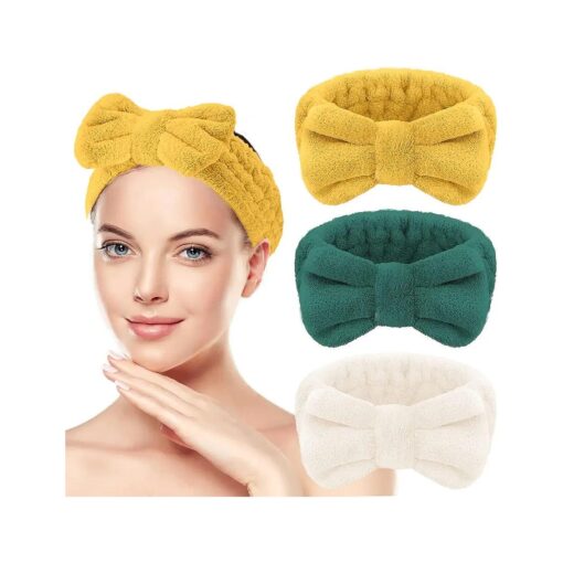 Spa Headband For Washing Face, 3 Pack Facial Makeup Headband Bowtie Hair Band Skincare Headbands for Women Girls, Soft Microfiber Coral Fleece Face Wash Headband ( Yellow+Dark Green+Milk White )