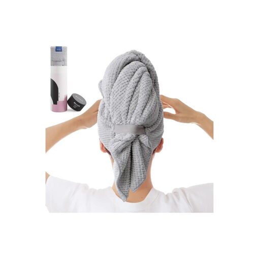 Large Microfiber Hair Towel Wrap for Women, Anti Frizz Hair Drying Towel with Elastic Strap, Fast Dry | Super Absorbent | Quick Dry Hair Turban for Wet, Curly, Long & Thick Hair -Gray