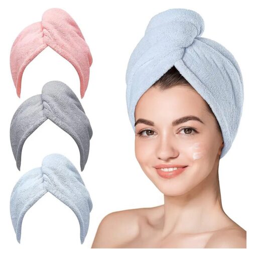 Hicober Microfiber Hair Towel, 3 Packs Hair Turbans for Wet Hair, Drying Hair Wrap Towels for Curly Hair Women Anti Frizz ( Blue, Grey, Pink )