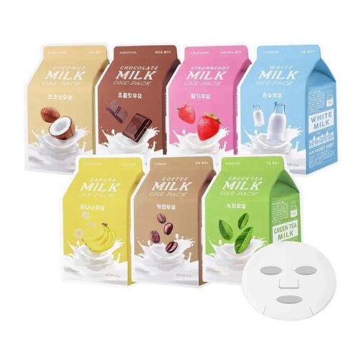 A'PIEU Milk Sheet Mask ( 7 flavors in 1 pack ) with Milk Essence to mildly exfoliate Hydrate, brighten - Korean skincare for normal to dry skin .