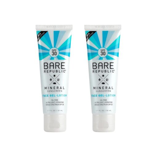 Bare Republic Mineral Gel Sunscreen SPF 30 Sunblock Face Lotion, Light and Hydrating Skin Care, 1.7 Fl Oz Each, 2 Pack