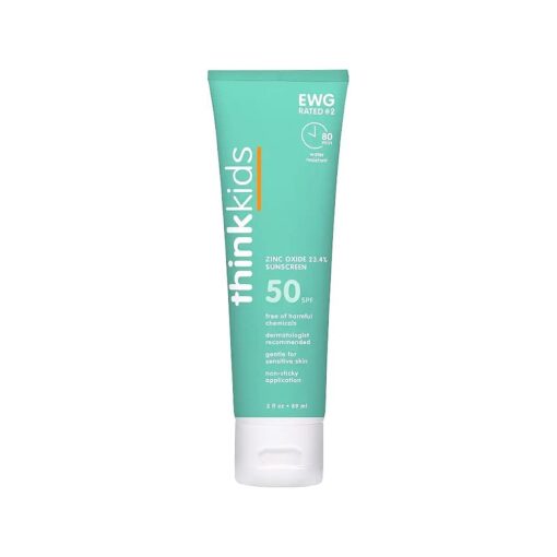 Thinkkids Safe Mineral Sunscreen SPF 50+, 3 Fl Oz, Natural, Water Resistant Reef Safe Sunscreen for Children, Vegan Broad Spectrum UVA/UVB Sun Screen