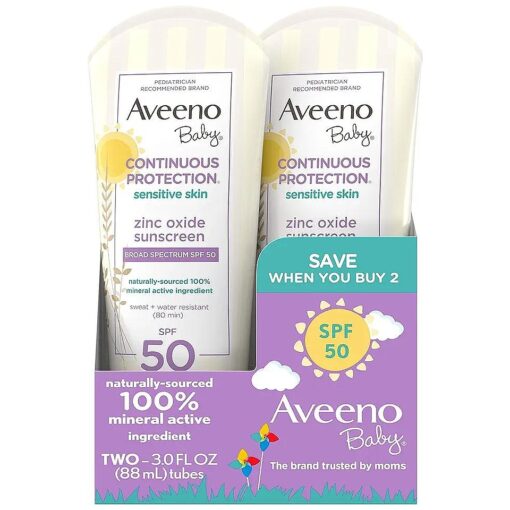 Continuous Protection Zinc Oxide Mineral Sunscreen Lotion for Sensitive Skin, Broad Spectrum SPF 50, Paraben- & Tear-Free, Sweat- & Water-Resistant, Travel-Size, 2 x 3 fl, oz