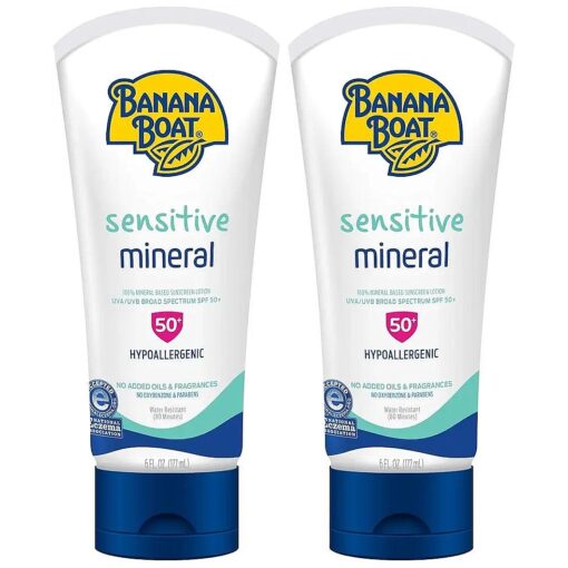 Banana Boat Sensitive 100 % Mineral Sunscreen Lotion SPF 50 Twin Pack | Body Sunscreen, Sensitive Skin Sunblock, Oxybenzone Free Sunscreen, Banana Boat Mineral Sunscreen SPF 50, 6oz each