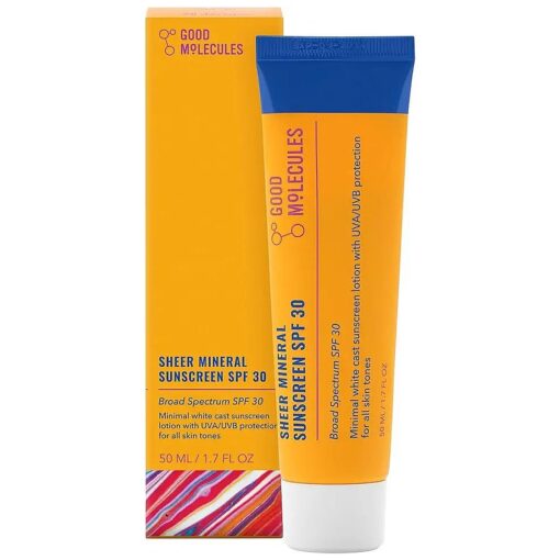 Good Molecules Sheer Mineral Sunscreen SPF 30 Minimal Whitecast Zinc Oxide Sunscreen with Hyaluronic Acid, Reef-Safe, UVA/UVB Protection - Skincare for Face