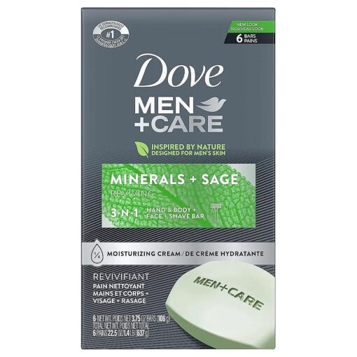 DOVE MEN + CARE Body and Face Bar Minerals + Sage 6 Bars to Hydrate Skin More Moisturizing Than Bar Soap 3.75 oz