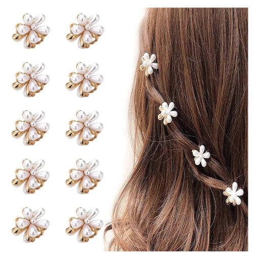 Mini Pearl Hair Barrettes for Women Girls, 10pcs Sweet Artificial Pearl Hair Clips, Flower Pins Clips for Party Wedding Daily