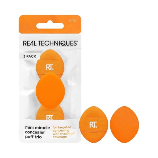 Real Techniques Mini Miracle Concealer Puff Trio, Small Makeup Puff For Liquid & Cream Foundation & Concealer, Targeted Concealing, Travel Friendly & Reusable, Vegan & Cruelty Free, 3 Count