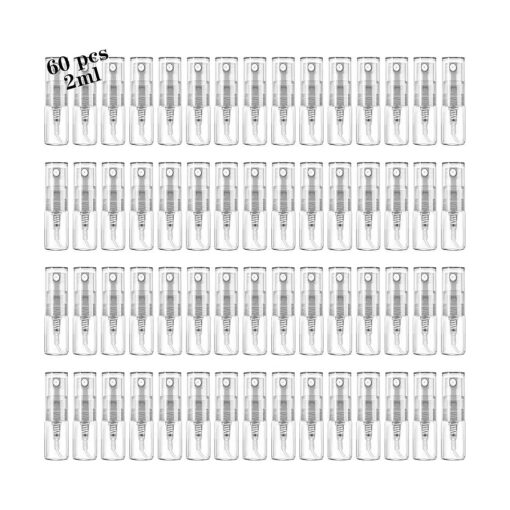 Mini Spray Bottle 2ml, Refillable Glass Spray Bottle, Glass Bottle Atomizer, Perfume Mouthwash Atomizer for Cleaning 2ml Refillable Container for Travel, Essential Oils, Perfume 60 Pcs, 2ml