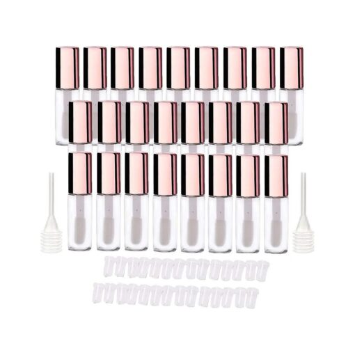 25 Pack 1.2 mL Pretty Empty Lip Gloss Tubes Containers, Clear Mini Refillable Lip Balm Bottles with Rubber Inserts and 3pcs Transfer Pipettes for Lip Samples Travel DIY Makeup ( Rose Gold )