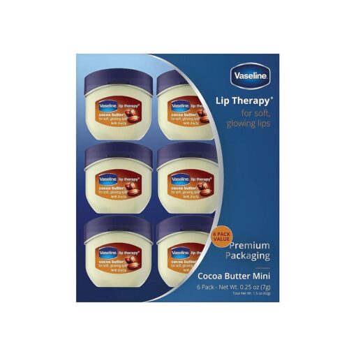 Vaseline Lip Therapy Cocoa Butter Mini, White Petrolatum, Advanced Moisturizer, Relieves Dull and Dry Skin, Mini Vaseline Petroleum Jelly, Soft & Smooth Vaseline Lips ( Pack of 6-0.25 Oz Ea )