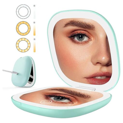 Lighted Compact Mirror for Purses : Mini Travel Magnifying Mirrors with Auto-Off Light 1X/5X Magnified Pocket Size Make Up Mirror Rechargeable Vanity Makeup Mirror Dimmable 3 Colors