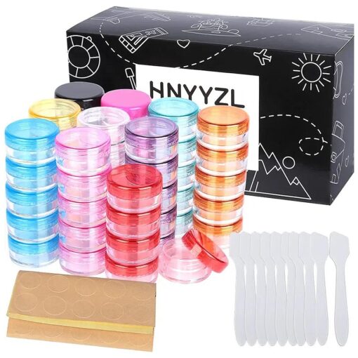 HNYYZL 50 Pack Sample Container, 5g Empty Cosmetic Containers Plastic Travel Pot Jar for Liquid Lotion Cream Sample Make-up Storage ( 10 Colors, 5ML ), Come with 10pcs Mini Spatulas and 50pcs Labels