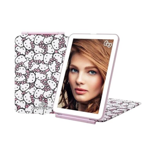 Impressions Vanity Hello Kitty Touch Pad Mini Tri-Tone Makeup Mirror with Printed Flip Cover and LED Strip, Travel Vanity Mirror with Touch Sensor Switch and USB Extension ( White/Pink )