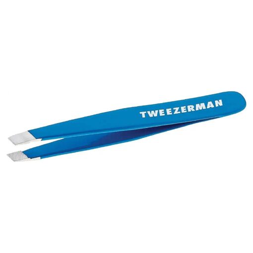 Tweezerman Mini Slant Travel Tweezers For Eyebrows, Facial Hair, Ingrown Hair ( Bahama Blue )