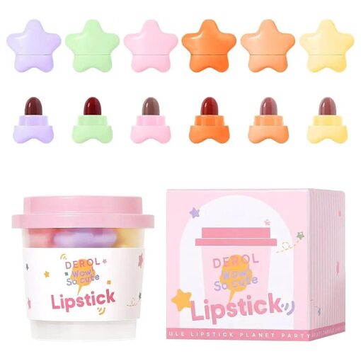 Mini Star Lipstick Set, 6Pcs Cute Long Lasting Matte Lipstick Set, Portable Colorful Velvet Lipsticks with Pink Cup, Suitable for Various Makeup