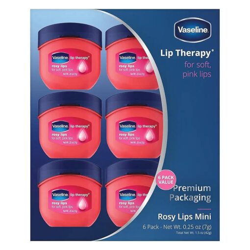 Vaseline Lip Therapy Rosy Lips Mini, Pure Petroleum Jelly, Advanced Moisture, Light Rose Fragrance, Sheer Pink Tint on Lips, Mini Vaseline Petroleum Jelly, Soft Vaseline Lips ( Pack of 6-0.25 Oz Ea )